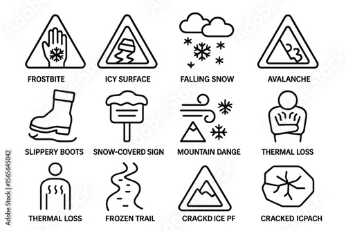 Winter safety icons: frostbite, icy surfaces, falling snow, avalanche warnings