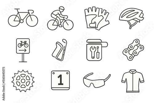 Bicycle icons set with gear, helmet, gloves, tools, and cyclist outline