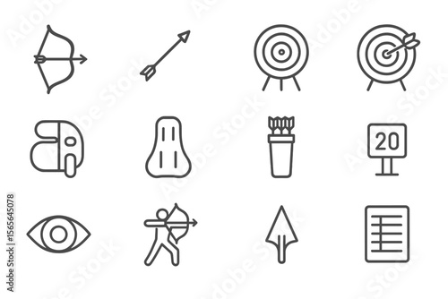 Archery icons set: bow, arrow, target, quiver, eye, scoreboard