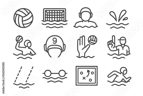 Water polo icons: game strategies and equipment in line art