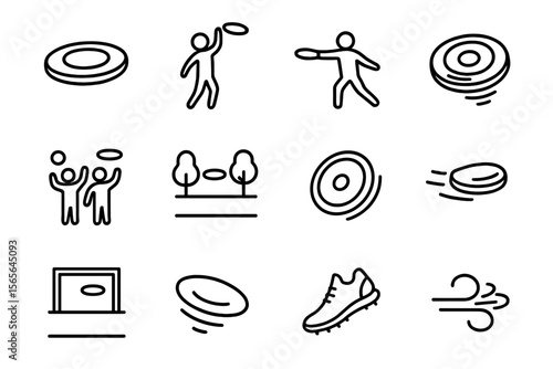 Outline icons of frisbee activities and sports in various formats