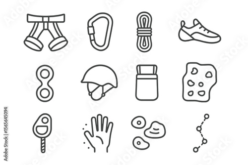 Rock climbing gear icons: shoes, helmet, ropes, carabiner, chalk bag