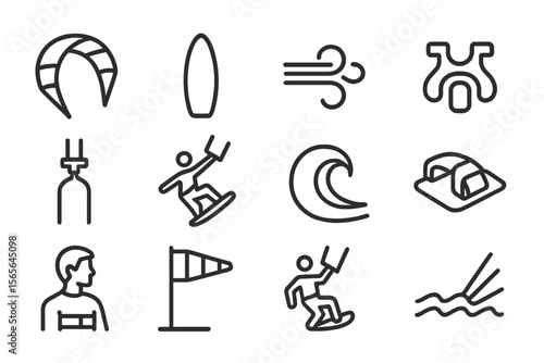 Icons of kitesurfing gear and activities on gray background
