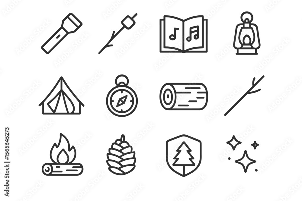 Fototapeta premium Camping symbols set: flashlight, tent, campfire, compass, lantern, pinecone