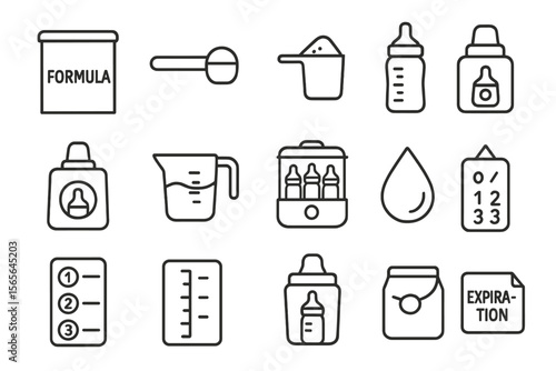 Baby formula and feeding icons set featuring bottles and measuring tools