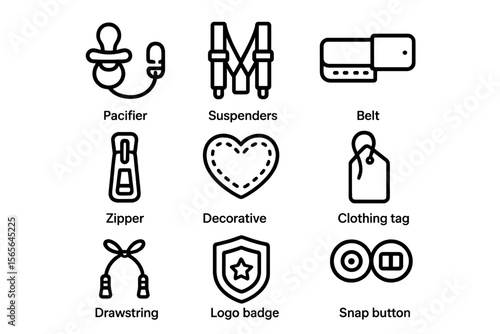 Set of black icons: pacifier, suspenders, belt, zipper, decorative heart