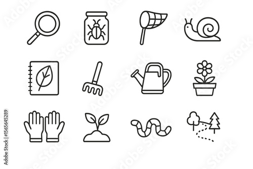 Garden tools and nature icons on striped background