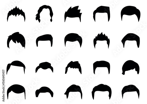 set of black silhouettes of hair. Vector set of popular men's hairstyles. Set of male haircuts and hairstyles