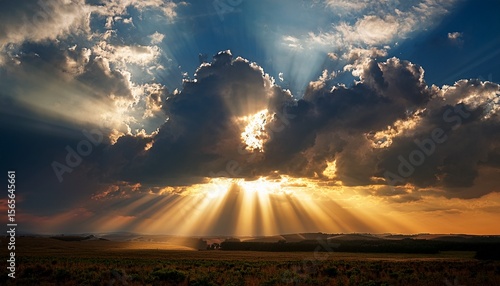 sun rays piercing through dark clouds background dramatic beams of golden light breaking through