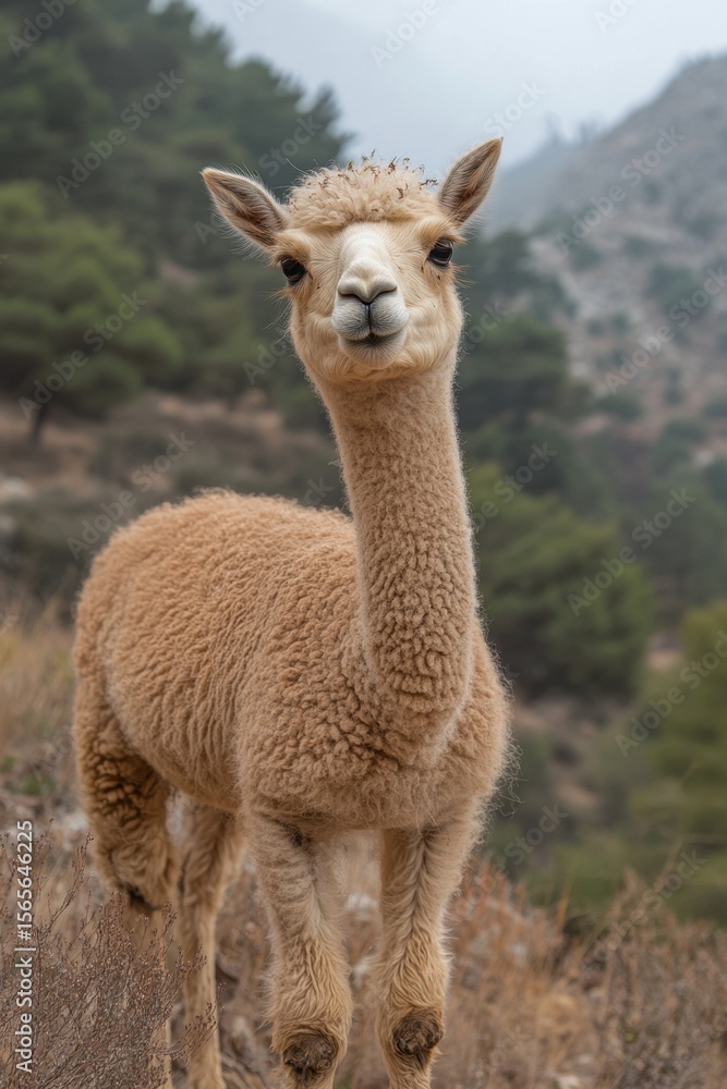 Obraz premium Adorable alpaca in mountainous landscape on a misty day