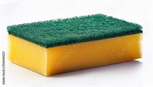 rectangular kitchen sponge with a yellow foam base and green scouring pad on top isolated on a white background ideal for dishwashing and cleaning