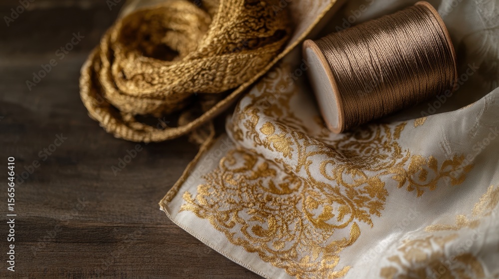 Fototapeta premium Gold embroidered fabric with threads and a wooden spool.