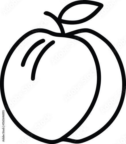 Line art illustration of peach fruit with leaf and stem