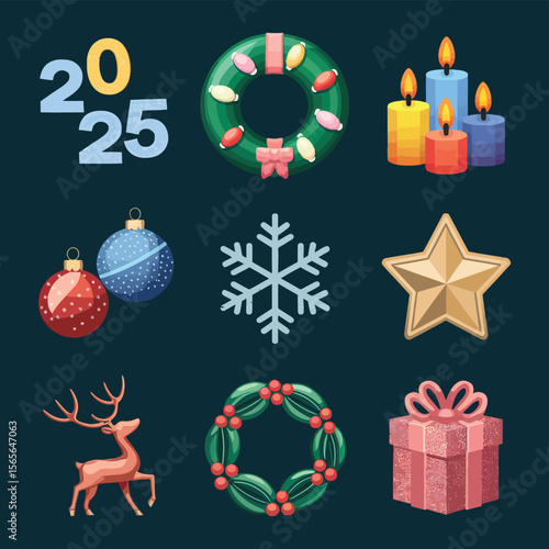 vector Happy New Year Celebrating 2025 in Latin letters , Christmas Decoration Items Santa Claus
