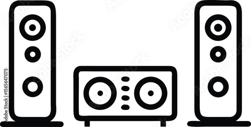 Line art illustration of stereo system with loudspeakers and amplifier for audio setup