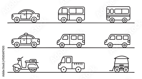 Collection of black line art vehicles on white background 1