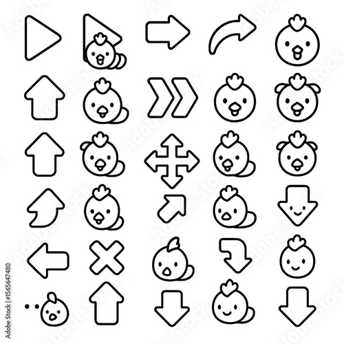 A playful set of minimalist black outline icons showcasing diverse arrow directions and sweet cartoon bird heads on a white background.