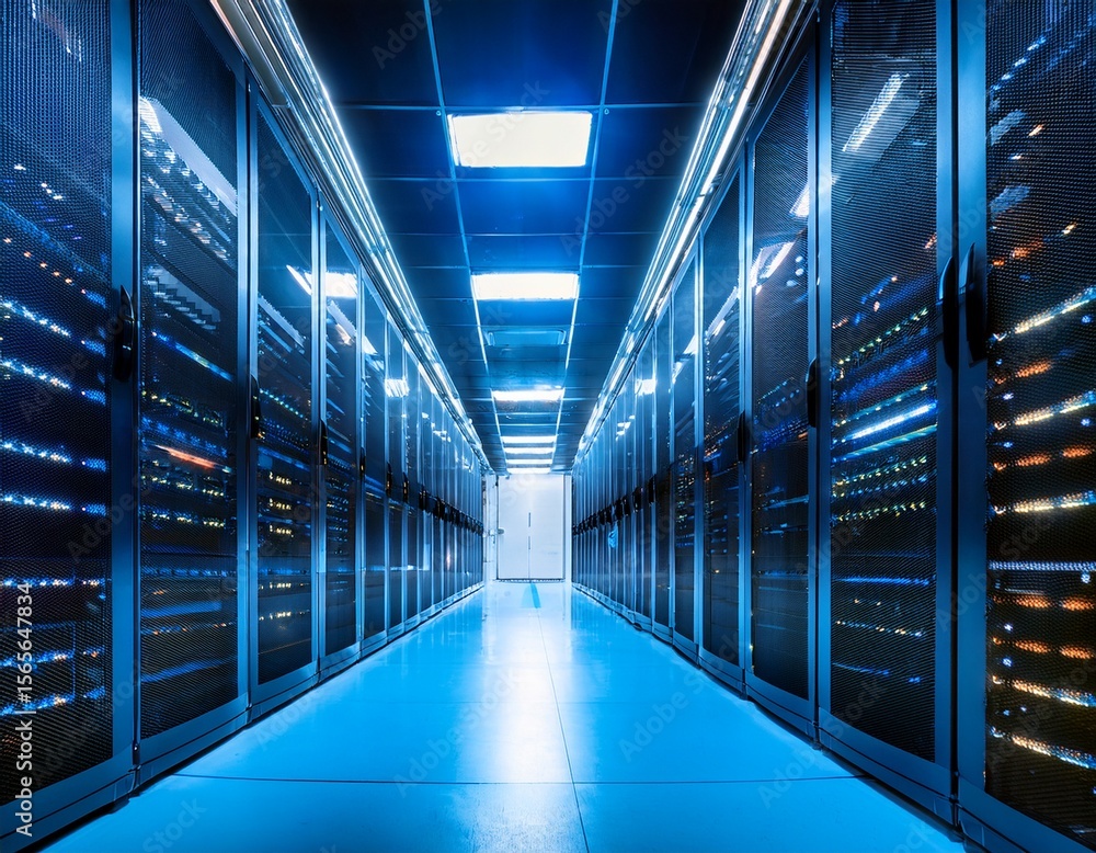 Fototapeta premium rows of powerful server racks in a modern data center facility with glowing blue lights
