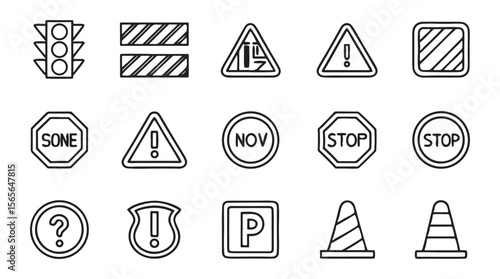 Traffic and warning signs collection line art traffic light