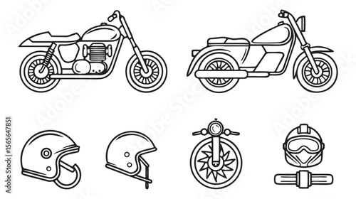 Vintage and modern motorcycle helmets and bikes line art