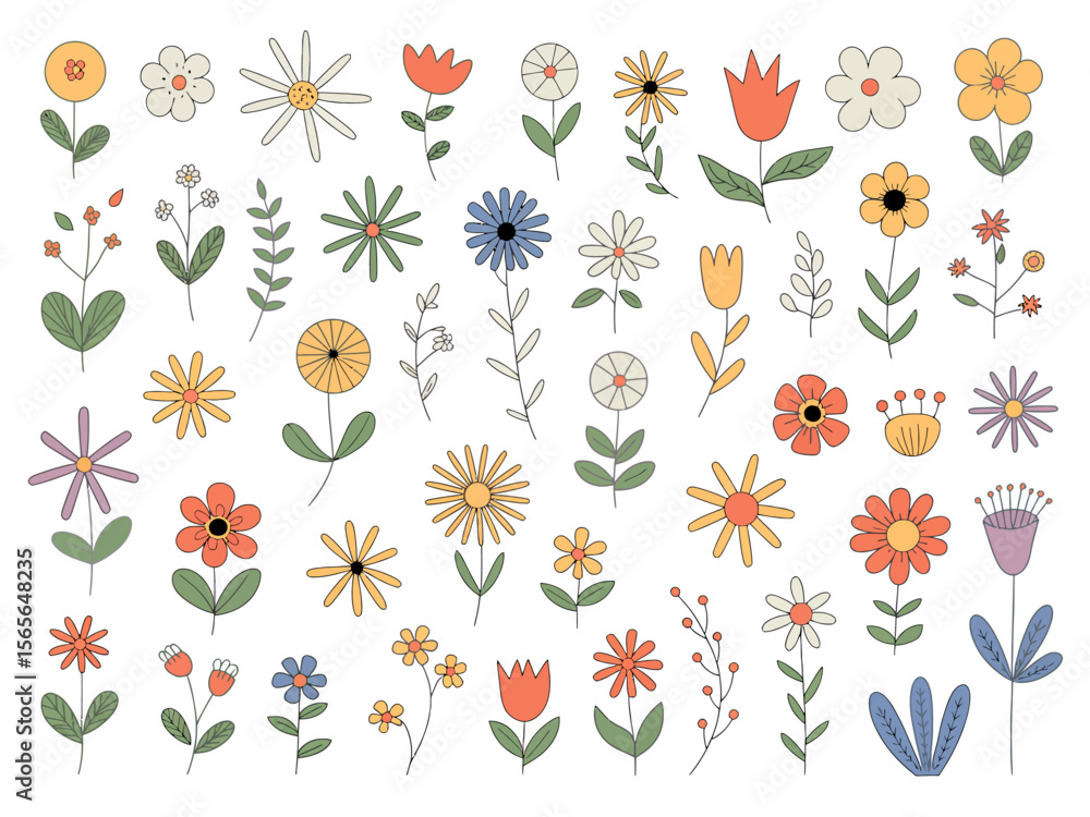 Fototapeta premium Diverse Hand Drawn Floral Illustrations With Warm Hues flowers