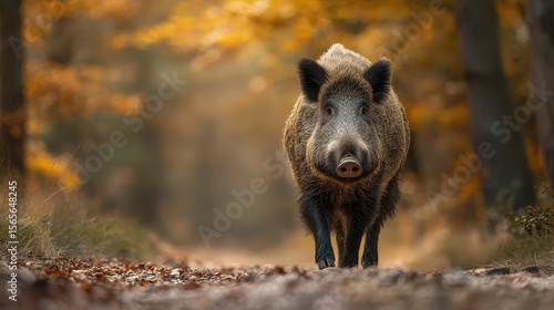 Wild boar on a forest path in autumn light
