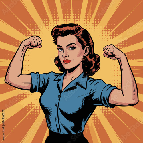 Woman flexing muscles pop art vector
