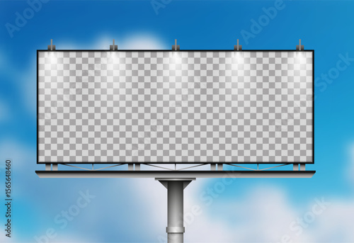 Large blank billboard mockup on transparent background with blue sky and lights