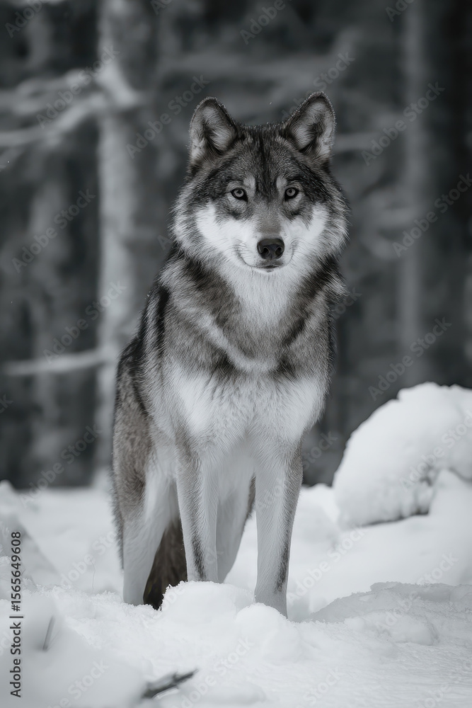 Naklejka premium Wolf in Snowy Forest: Monochrome