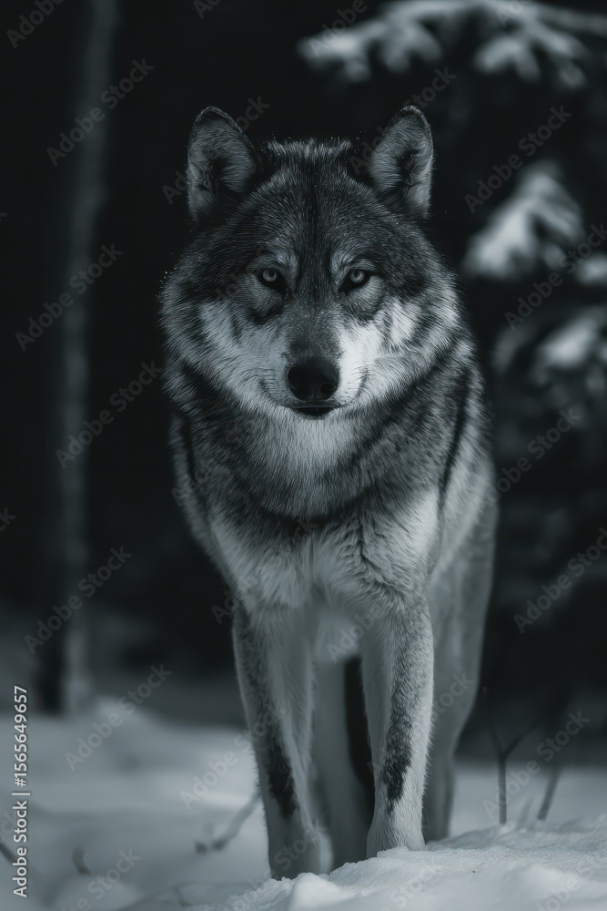 Fototapeta premium Wolf in Snowy Forest: Monochrome