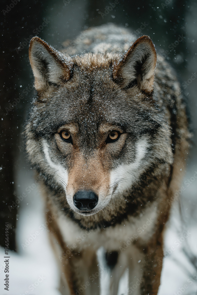 Fototapeta premium Wolf in Snowy Forest Winter Wonderland Scene Wild Animal in Cold Environment