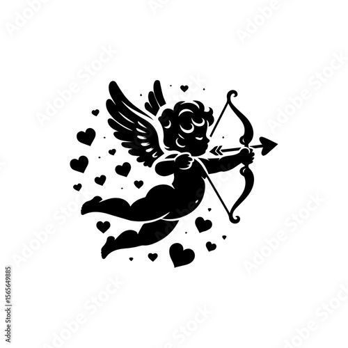 Silhouette of Cupid with bow and arrow, surrounded by heart shapes, ready to shoot.