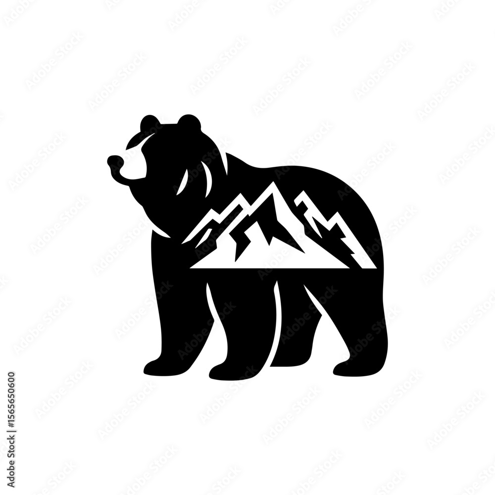 Obraz premium A majestic black bear silhouette, mountains subtly integrated within its body, evokes wilderness and strength.
