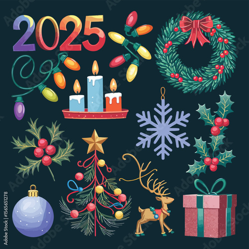 vector Happy New Year Celebrating 2025 in Latin letters , Christmas Decoration Items Santa Claus
