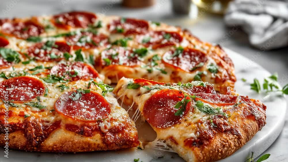 Freshly baked pepperoni pizza with melted cheese and herbs, sliced and served on a white plate over a marble table, ready to eat Freshly baked pepperoni pizza with melted cheese and herbs, sliced and served on a white plate over a marble table, ready to eat