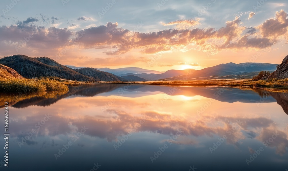 Golden sunset reflects on calm river at dusk Golden sunset reflects on calm river at dusk