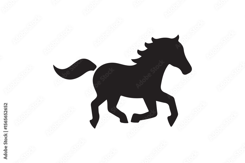 Fototapeta premium Simple black silhouette of a running horse.A clean, solid black silhouette of a horse in motion.