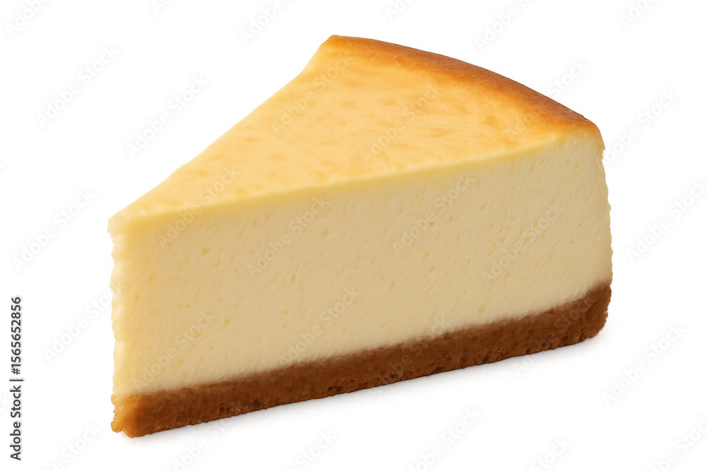 Creamy new york-style cheesecake slice showcasing velvety texture, resting elegantly against clean white background Creamy new york-style cheesecake slice showcasing velvety texture, resting elegantly against clean white background