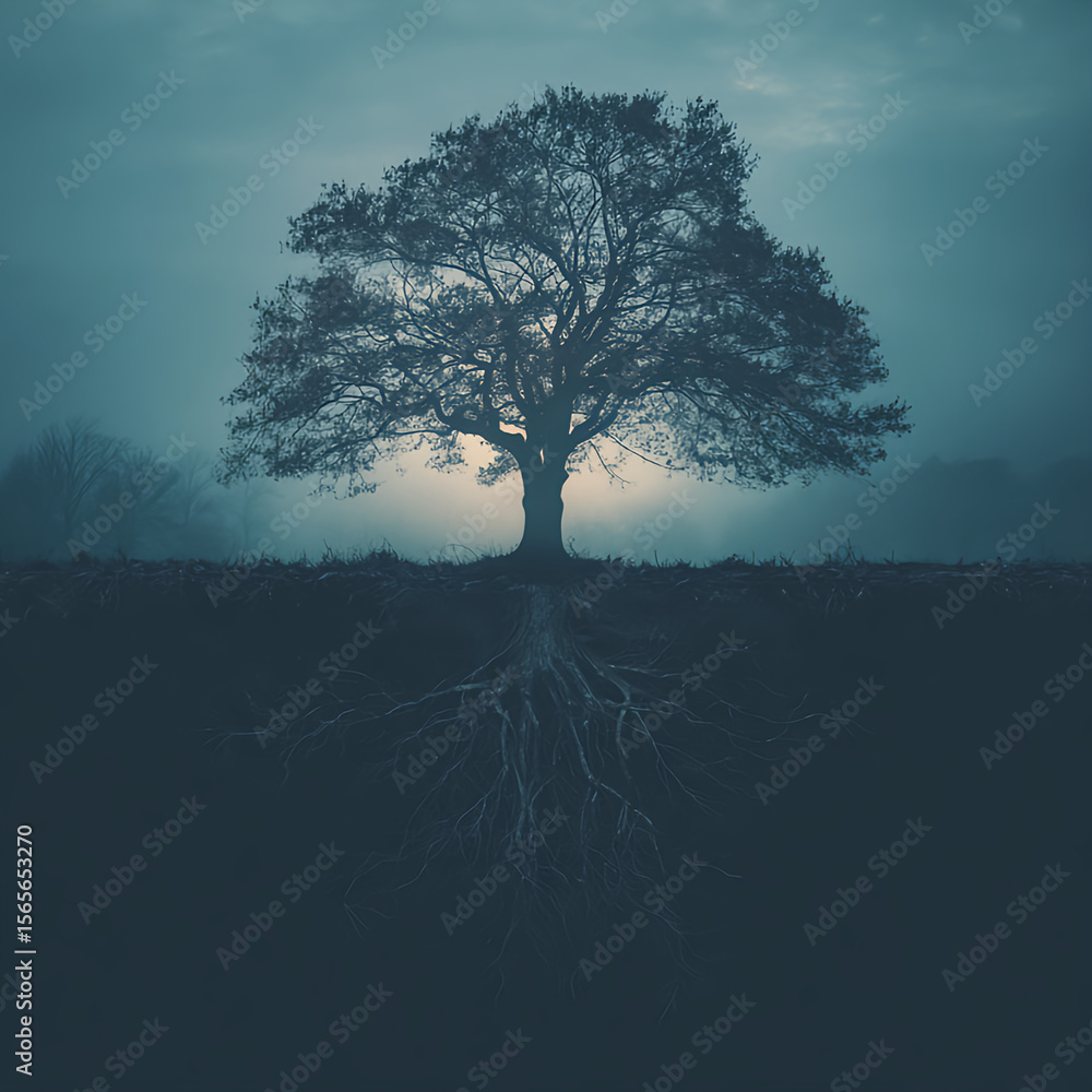 Obraz premium A depiction of a tree with its branches extended and roots emerging from its base.