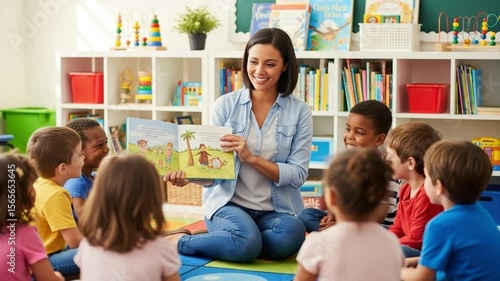 Kindergarten teacher reading storybook to children gathered on colorful classroom rug

