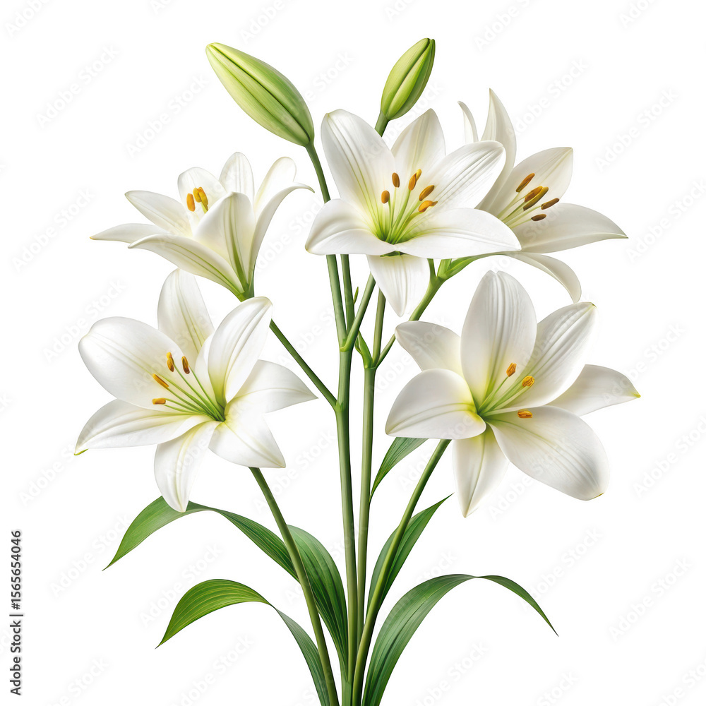 Elegant white easter lilies with green stems and leaves against a black background Elegant white easter lilies with green stems and leaves against a black background