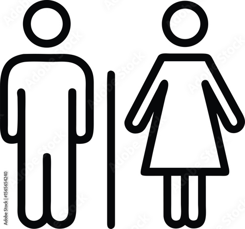 Minimalist restroom sign illustration with simple man and woman pictograms, separated by line