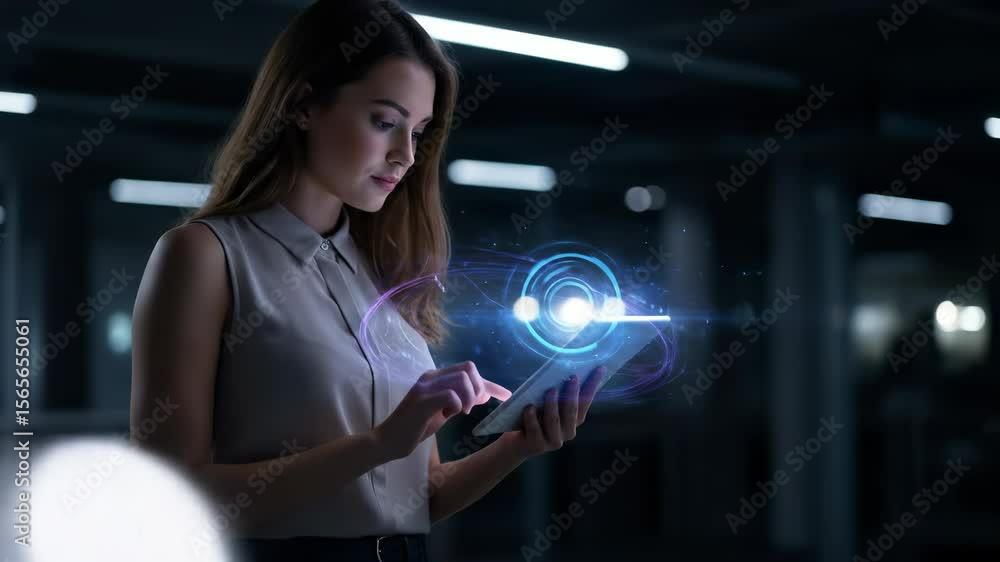 Innovation Technology: A 20s White Woman Using Digital Tablet with Holographic Display in a Modern Office Setting Innovation Technology: A 20s White Woman Using Digital Tablet with Holographic Display in a Modern Office Setting