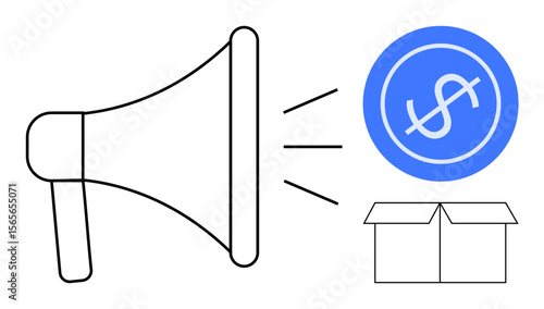 Megaphone amplifying message towards dollar symbol and open box. Ideal for marketing, advertising, promotion, e-commerce, business strategy, brand awareness, simple flat metaphor