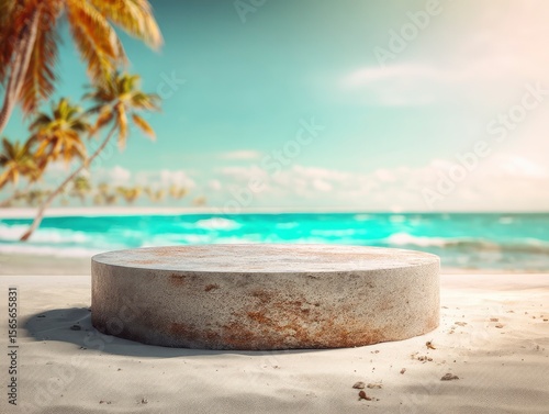 Round stone podium isolated on white sand, in summer beach background.