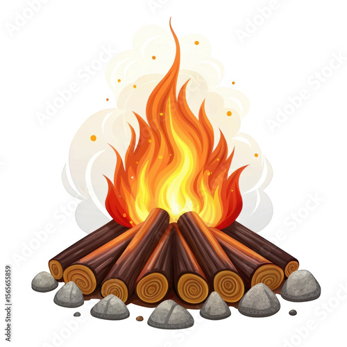 Stylized illustration of a campfire with glowing embers and white smoke against a black background