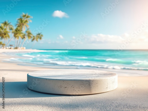 Round stone podium isolated on white sand, in summer beach background.