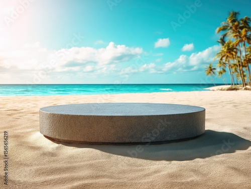 Round stone podium isolated on white sand, in summer beach background.