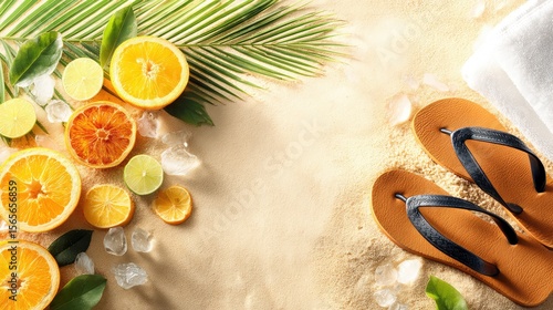 Summer elements flip-flops, citrus slices on the sand. summer concept.