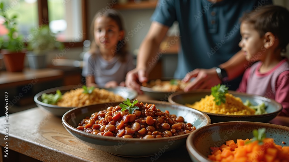 Obraz premium Traditional Brazilian family enjoying a homemade feijoada meal together Muslim business. Authentic Arabian style. 